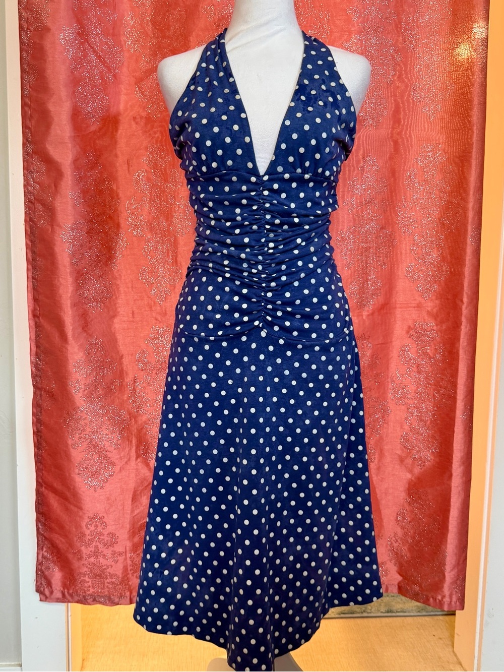 Vintage Navy Blue Polka Dot Halter Midi Dress